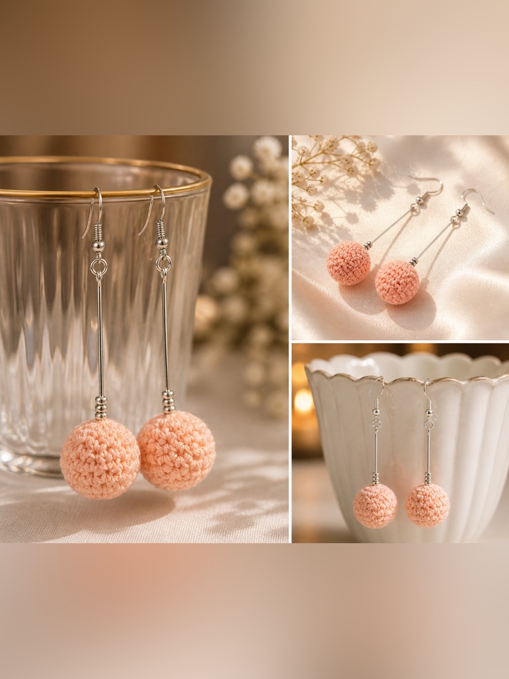 Hand Crafted Peach Crochet Ball Drop Earrings with Silver Hooks